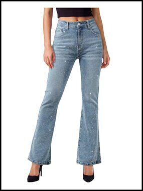High Rise Flare Jeans Rhinestone Stretchy Denim Patch Pockets Women's